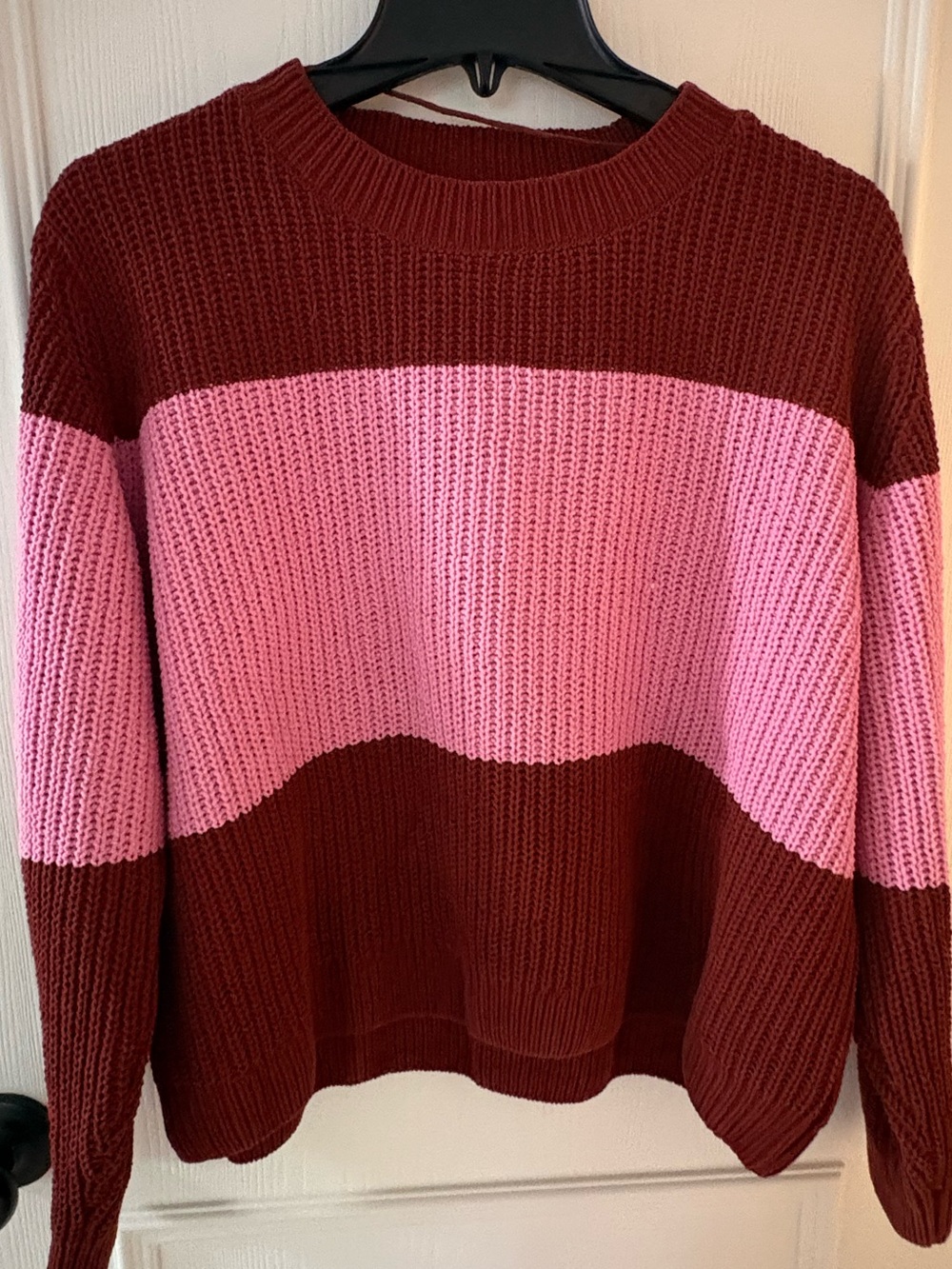 Burgundy Pink Colorblock Oversized Chunky Knit Sweater